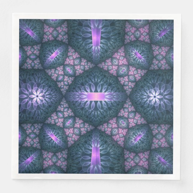 Serviette En Papier motif d'art fractal 3D Turquoise violet rose (Devant)