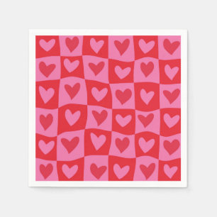 Serviette En Papier Motif de coeurs roses et rouges déformés à carreau