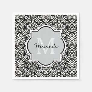 Serviette En Papier Motif de Damas noir et blanc Monogramme et nom