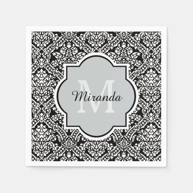 Serviette En Papier Motif de Damas noir et blanc Monogramme et nom (Devant)
