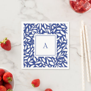 Serviette En Papier Motif de feuille de monogramme bleu et blanc