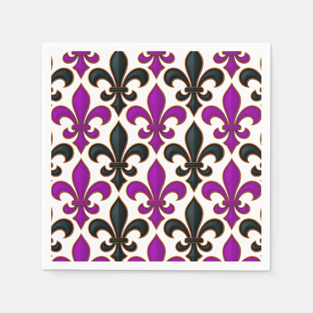 Serviette En Papier Motif de fleur de lis baroque noir violet  (Devant)
