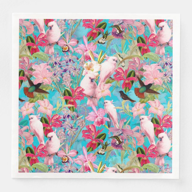 Serviette En Papier Motif De Fleur D'Oiseau Et D'Orchidées Rose Tropic (Devant)
