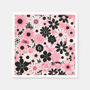 Serviette En Papier Motif de fleurs botaniques roses et noires rétro