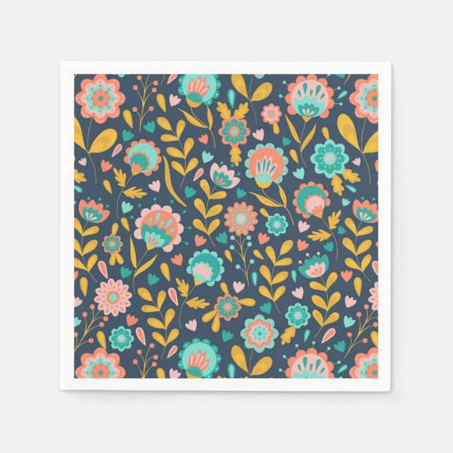 Serviette En Papier Motif de fleurs d'art populaire (Devant)