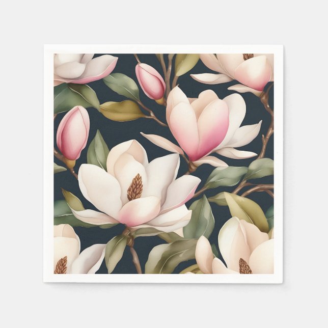 Serviette En Papier Motif De Fleurs Magnolia Blanches Et Roses (Devant)