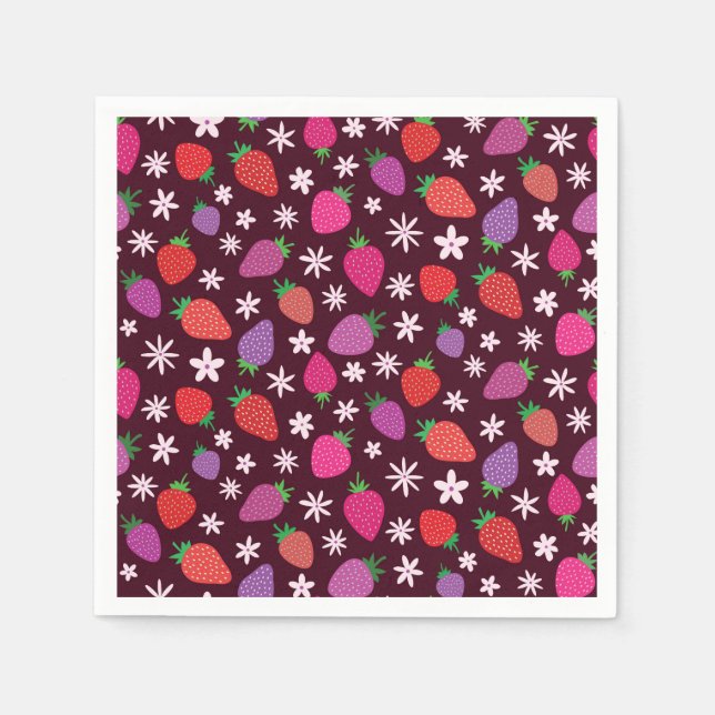 Serviette En Papier Motif de fraises et de fleurs blanches (Devant)