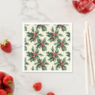 Serviette En Papier Motif de Noël avec feuilles de houx et baie rouge