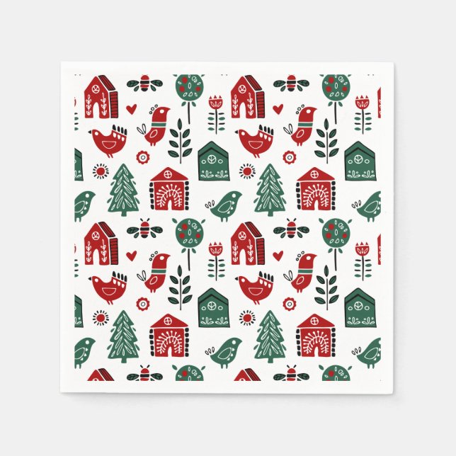 Serviette En Papier Motif de Noël scandinave rouge et vert (Devant)