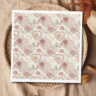 Serviette En Papier Motif de rose à cœurs froncés brun ivoire vintage