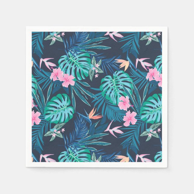 Serviette En Papier Motif du Jardin des Fleurs Tropicales Bleues (Devant)