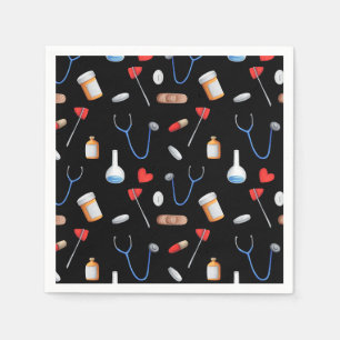 Serviette En Papier Motif Équipement Médical Infirmière Docteur Noir