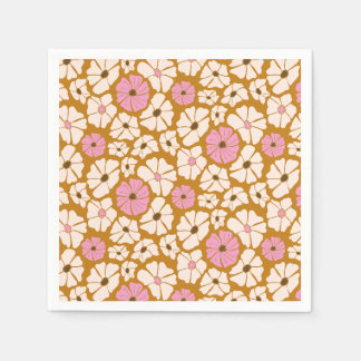 Serviette En Papier Motif floral blanc et rose sur caramel brun