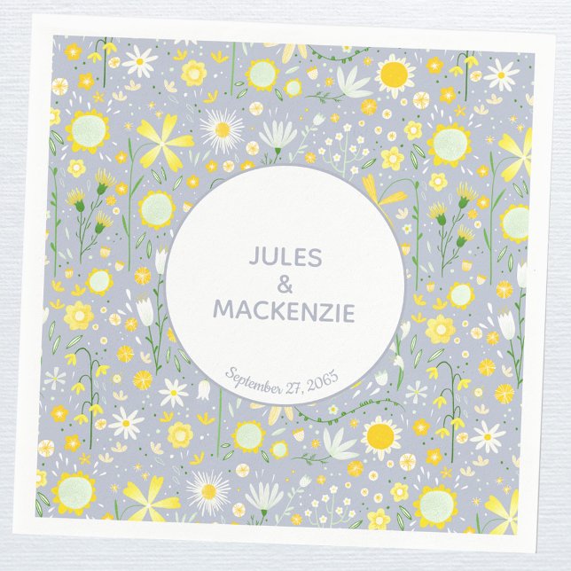 Serviette En Papier Motif floral de fleurs sauvages bleu botanique (Personalized custom name and wedding date paper party napkin)
