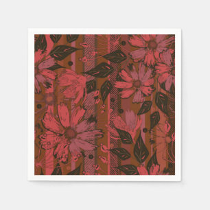 Serviette En Papier Motif floral noir et rouge.