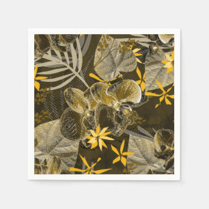 Serviette En Papier Motif jaune-brun fleuri à l'aquarelle.