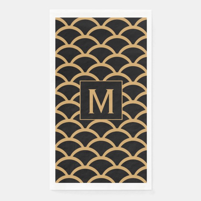 Serviette En Papier Motif Mongram Gold, Black Art Déco Fish Scale (Devant)