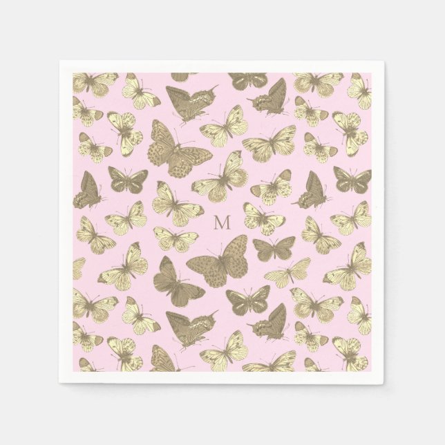 Serviette En Papier Motif papillon doré rose mignon monogramme (Devant)
