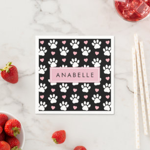 Serviette En Papier Motif Paw, Paws Blanches, Coeurs Rose, Votre Nom
