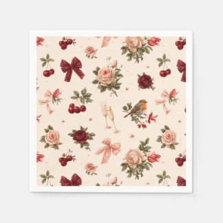 Serviette En Papier Motif romantique avec roses, oiseau et champagne