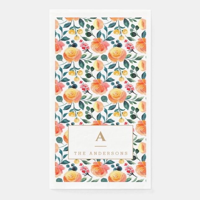 Serviette En Papier Motif Rustique Jaune Orange Aquarelle (Devant)