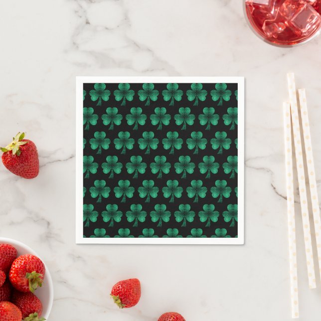 Serviette En Papier Motif trèfle à paillettes vert émeraude noir (En situation)