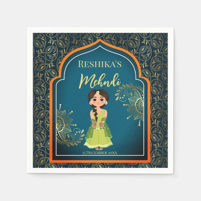 Serviette En Papier Motifs indiens Mehndi design turquoise vert (Devant)
