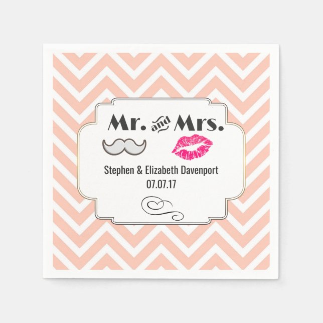 Serviette En Papier Moustache & Lèvres M. & Mme Peach Chevron Mariage (Devant)