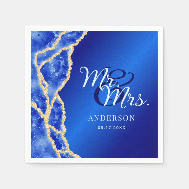 Serviette En Papier Mr & Mrs Royal Blue and Gold Agate Mariage élégant (Devant)
