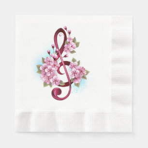 Serviette En Papier Musical treble clef notes with sakura flowers
