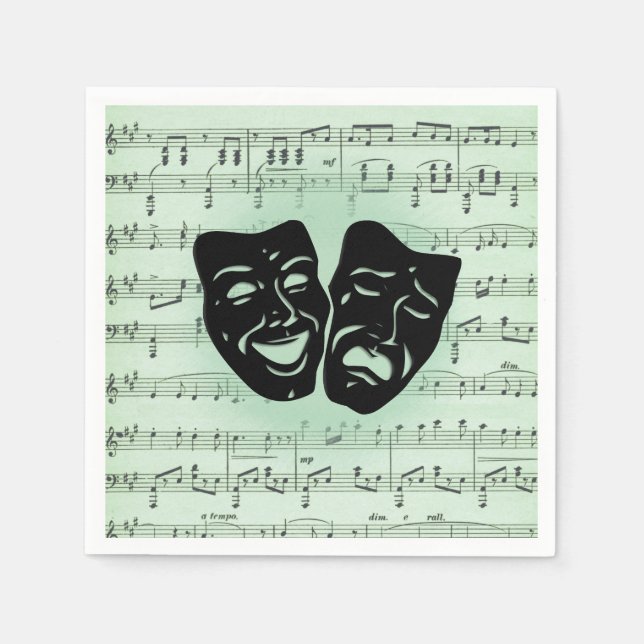 Serviette En Papier Musique verte et masques grecs de théâtre (Devant)