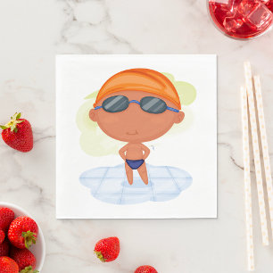 Serviette En Papier Nager Garçon en lunettes et Casquette de natation