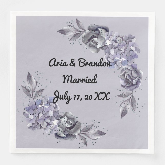 Serviette En Papier Napkin mariage avec Fleurs Bleues Ardoises (Devant)