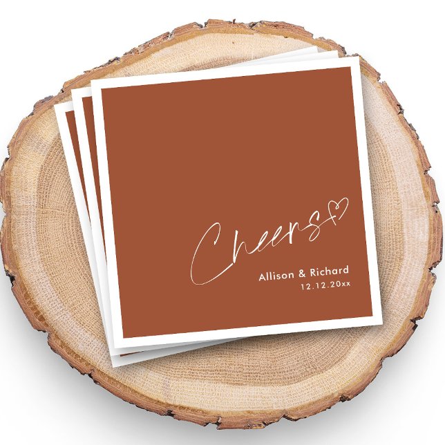 Serviette En Papier Napkins Mariage en terre cuite | Salutations minim (Personalized Modern Minimalist Script Cheers Terracotta Wedding Napkins)