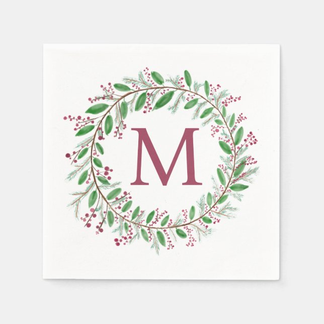 Serviette En Papier Naples de Noël Monogram Wreath (Devant)