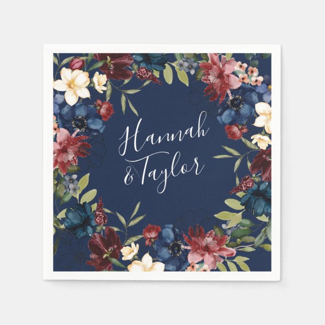 Serviette En Papier Naples Mariage Floral de la marine de Bourgogne (Devant)