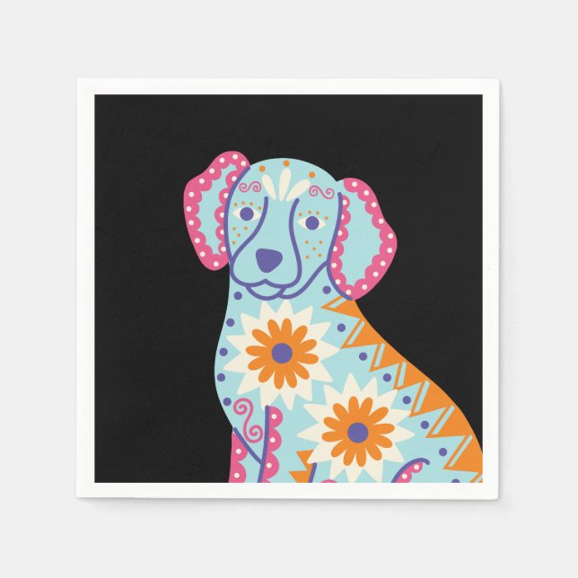 Serviette En Papier Nappes Noires Chien Crâne de Sucre Jour des Morts (Devant)