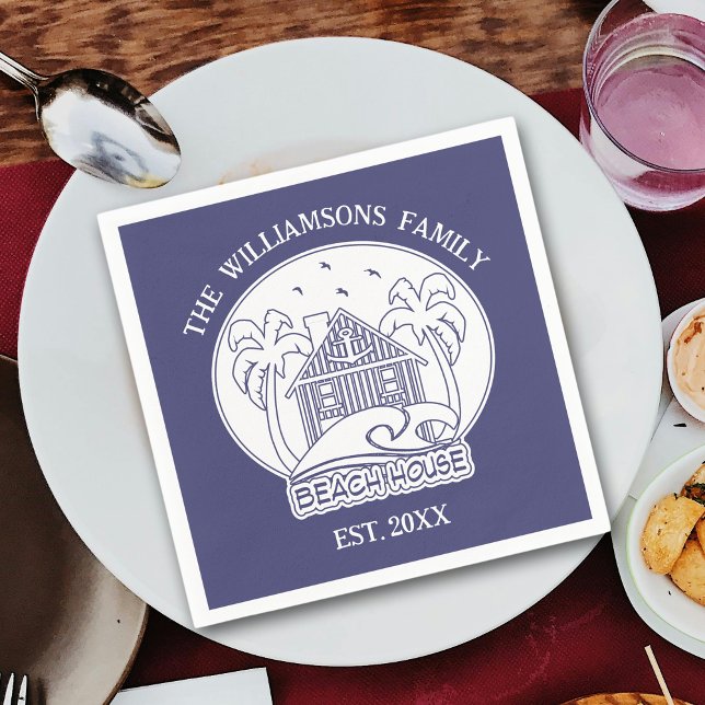 Serviette En Papier Nautical Blue Beach House White Nom de famille Anc (Créateur téléchargé)