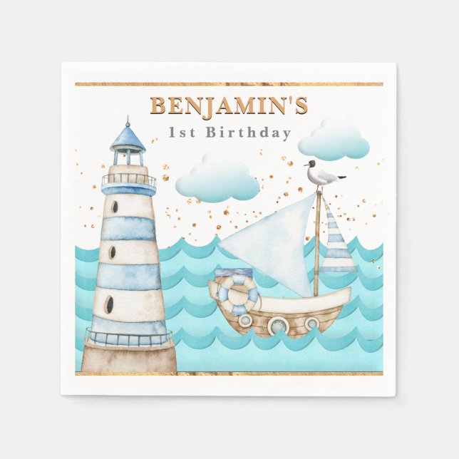 Serviette En Papier Nautical Lighthouse Voilier Anniversaire Napkins (Devant)