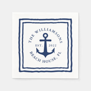 Serviette En Papier Nautique Personnalisé Nom de famille Blanc Marine 