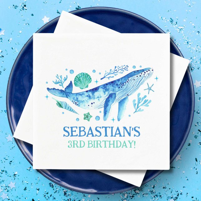 Serviette En Papier Nautique sous le Sea Party Baleine aquarelle (Nautical Under the Sea Party Whale Watercolor Napkins)