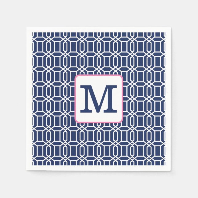 Serviette En Papier Navy Blanc Préparatoire Monogramme Initial Octogon (Devant)