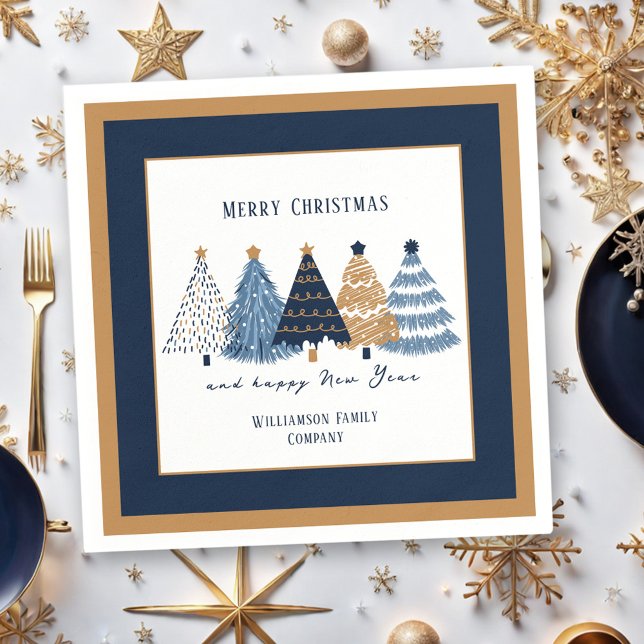 Serviette En Papier Navy Blue Trees Text Name Modern Christmas Holiday (Navy Blue Trees Text Name Modern Christmas Holiday Napkins)