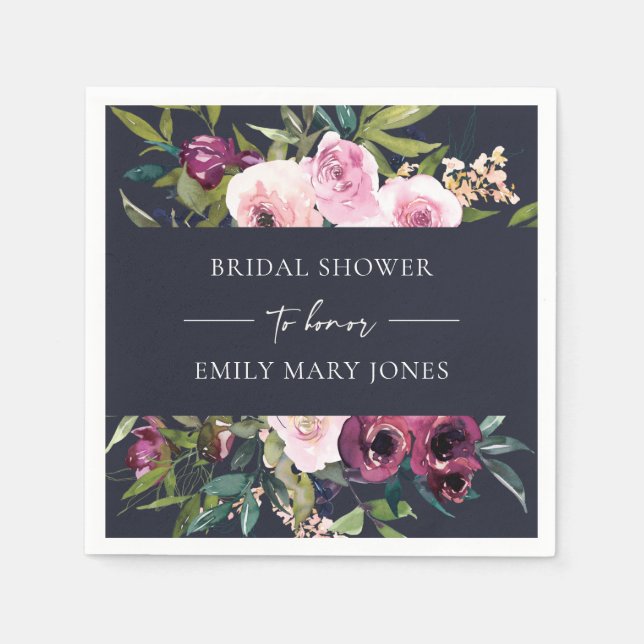 SERVIETTE EN PAPIER NAVY BLUSH BURGUNDY FLEURALES GERBE DE MARIAGE (Devant)