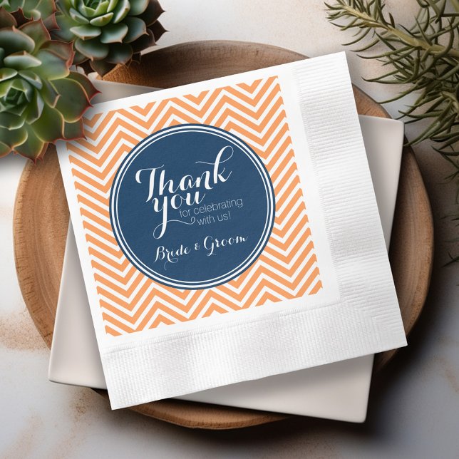 Serviette En Papier Navy et Orange - Mariage Remerciements Mariés (Personalized Wedding Thank You Napkins)