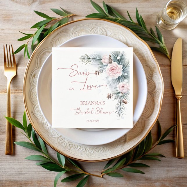 Serviette En Papier Neige en amour pins enneigés enterrement de vie de (Snow in love snowy pines greenery blush roses winter bridal shower personalized monogrammed napkins )