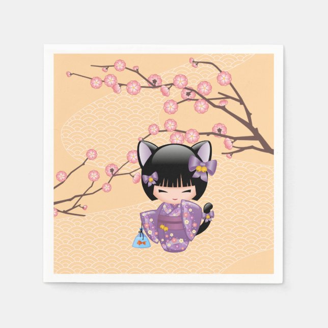 Serviette En Papier Neko Kokeshi Poupée - Cat Ears Geisha Girl (Devant)