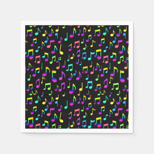Serviette En Papier Neon Rainbow Notes musicales sur Black (Devant)
