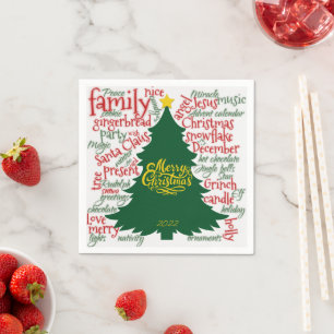 Serviette En Papier Noel arbre mot nuage rouge vert cadeau