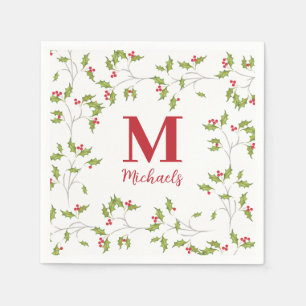 Serviette En Papier Noël Botanique Holiday Holly Berries Monogramme